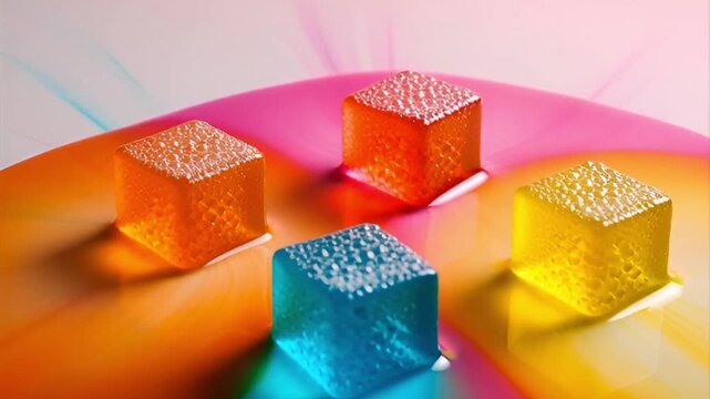 Close up of colorful gummy cubes melting and swirling in vibrant liquid on a white surface with colorful streaks