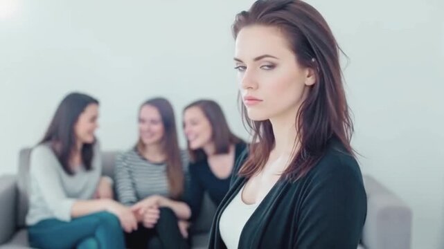 Moody woman displaying superiority complex and hidden insecurity while feeling uncomfortable and anxious during social gatherings &ndash; Generative AI