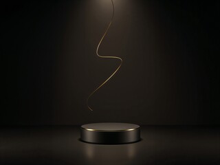 Dark round podium with glowing golden line, minimal luxury background for product showcase and branding mockup.