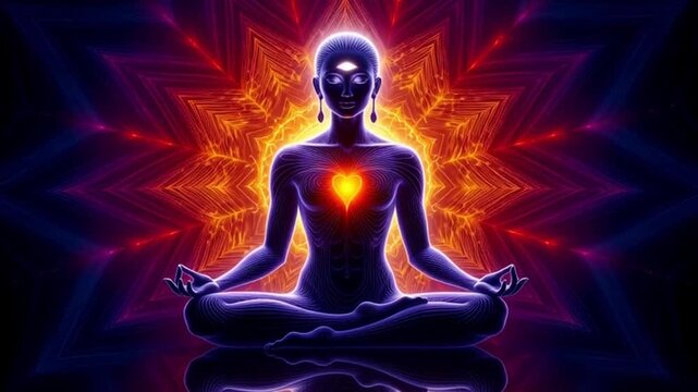 Serene meditation with glowing energy from third eye and heart chakra, abstract fractal background, spiritual
