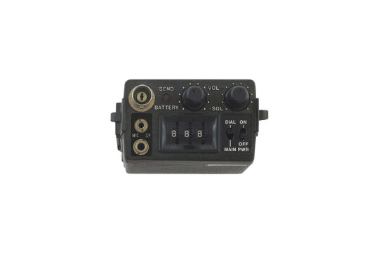 vintage radio communication control unit, tactical radio control panel, military communication interface with knobs, with analog dials, switches, and frequency selector,  isolated on white background 