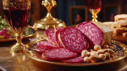 Salami Plate, Charcuterie Board, Gourmet Food, Red Wine