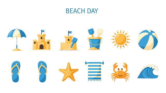 A collection of flat colorful icons related to a beach day activity