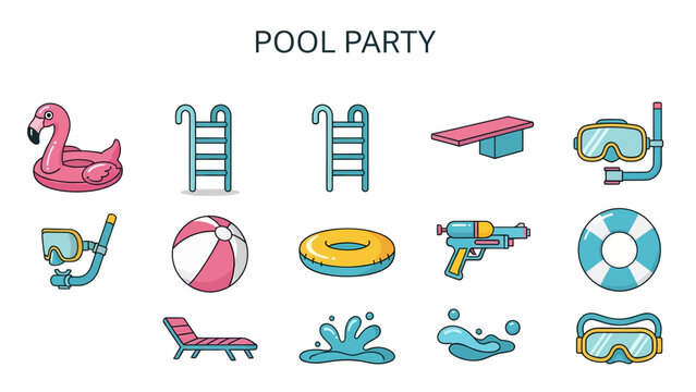 A collection of flat design vector icons related to pool party equipment and water activities