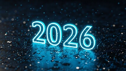Neon glowing 2026 numbers hover above a futuristic digital circuit board background