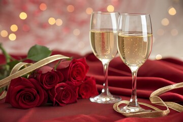 Romantic evening with red roses and two glasses of champagne for a special celebration