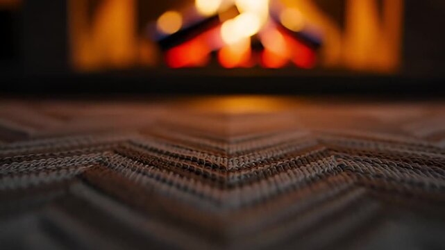 Cozy fireplace flames glow warmly in the blurry background, a relaxing close-up video of textured zigzag rug.