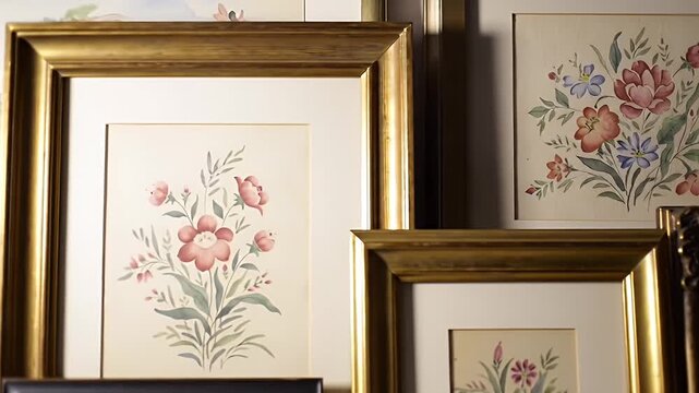 Clustered Collection of Ornate Gold and Wood Framed Botanical Prints Displayed Against a Neutral Wall