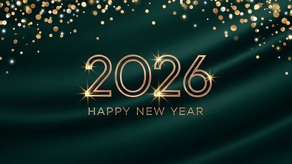 Elegant happy new year 2026 celebration graphic with gold confetti on dark green