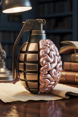 A hybrid of a human brain and a grenade symbolizing explosive ideas and dangerous thoughts in a library setting