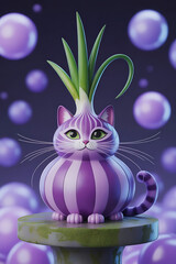 A whimsical 3d render of a cat with an onion body and green sprouts, set against a purple abstract background