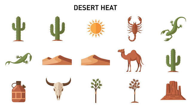 Collection of desertthemed flat icons featuring flora fauna and landscape elements under the title DESERT HEAT