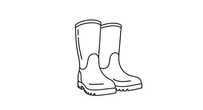 Black and white outline drawing of a pair of waterproof rubber boots or wellingtons for rainy weather or gardening activities.