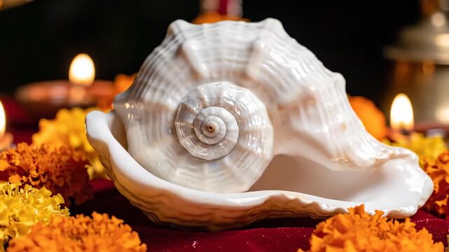 Sacred Shankh Shell Adorned with Marigold Flowers and Lit Diyas on Deep Red Velvet Cloth in Warm Golden Light