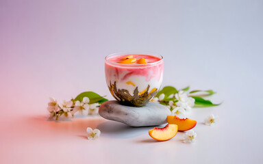 A delicate dessert of yogurt and fruit, served in a bowl on a smooth stone, adorned with fresh peach slices and blossoms
