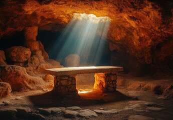 Ancient Stone Altar With Dramatic Sunbeams Piercing Cave Ceiling Mystical Light Rays Illuminating Sacred Space