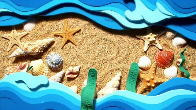 Colorful tropical beach scene featuring starfish, seashells, and decorative blue waves along the sand