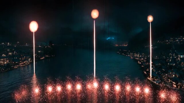 Spectacular night light show with illuminated orbs and water reflections set against a dark city skyline symbolizing celebration and future technology