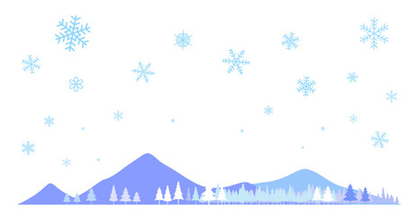 雪の結晶と針葉樹と山のフレームイラスト　背景イラスト