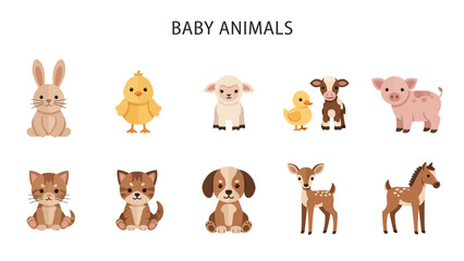 Fototapeta premium Ten cartoon baby animals arranged in two rows below the text BABY ANIMALS