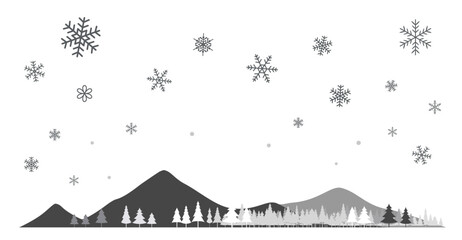 雪の結晶と針葉樹と山のフレームイラスト　背景イラスト