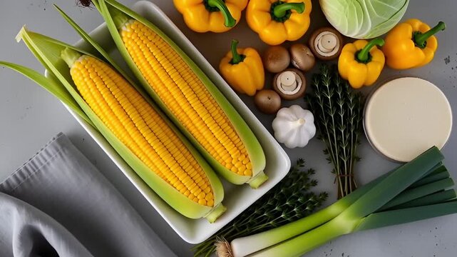 Vibrant organic corn on the cob video, surrounded by fresh yellow peppers, mushrooms, and herbs, showcasing healthy cooking ingredients.