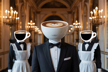 Surreal scene of a person with a coffee cup for a head, flanked by staff in a luxurious ornate hall
