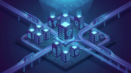 Abstract Isometric Digital Cityscape With Neon Blue Lights Flowing Through Circuitry and Connected Highways Futuristic Technology