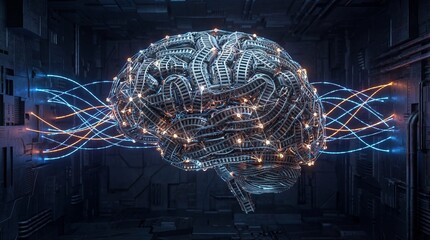 Digital Brain With Glowing Neural Network Connections And Circuits Inside Futuristic Technology Chamber With Blue And Orange
