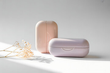 Two pastelcolored soap cases, one pink and one lilac, sit on a white surface with a dried flower