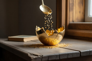 A golden egg cup with a spoon pouring sparkling granules, set on a wooden table with a book and window in the background