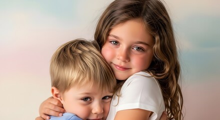 Two children embracing in warm pastel background with affectionate gesture and soft emotional connection