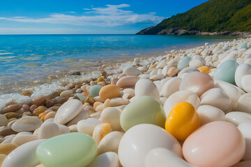 Colorful pebbles on a serene beach with clear blue ocean water and a green hillside under a sunny sky