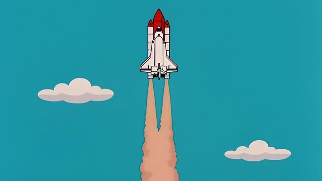 Animated space shuttle video launching skyward with fiery trails against a bright blue background featuring two stylized white clouds.