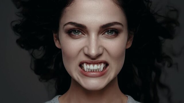 Ultra Close-Up Portrait of Beautiful Vampire Woman with Green Eyes and Natural Skin, Black Curly Hair Blowing in Wind Gently Revealing Fangs in Studio