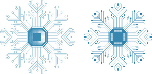 circuit board snowflake designs with microchips and wiring symmetry, vector illustration