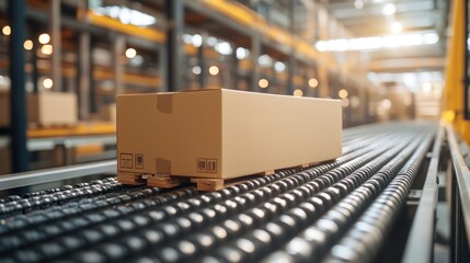 Cardboard box on automated conveyor belt in warehouse
