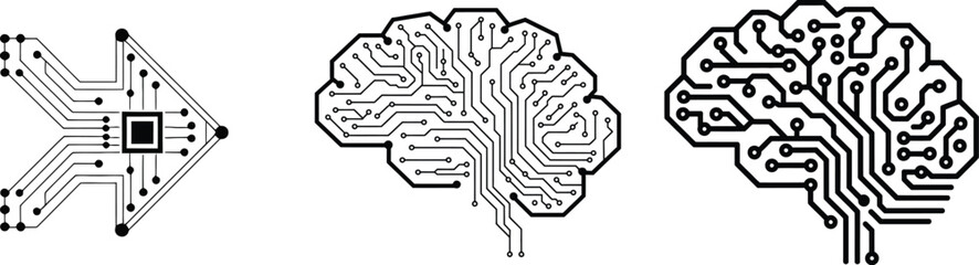 circuit board brain illustration with directional arrow and signal flow, vector illustration
