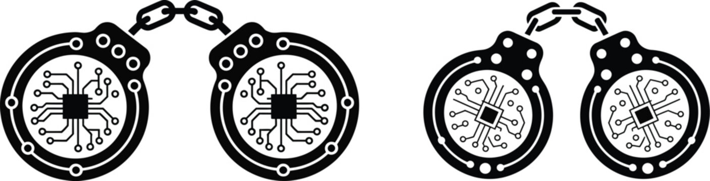 cyber security handcuffs illustration with internal circuit board patterns, vector illustration