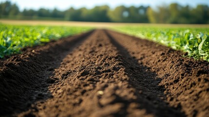 Cultivated Field Rows Under Bright Sunlight With Greenery In Background Rural Landscape