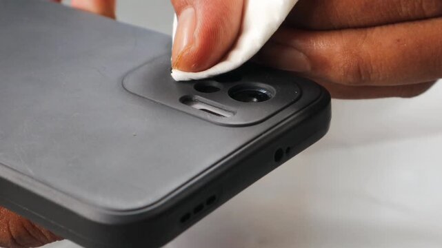 Asian man carefully cleaning a smartphone camera lens with a disinfectant wipe to ensure hygiene. Close-up of a man&rsquo;s hand removing dirt, dust, germs, and bacteria to protect his health and device.