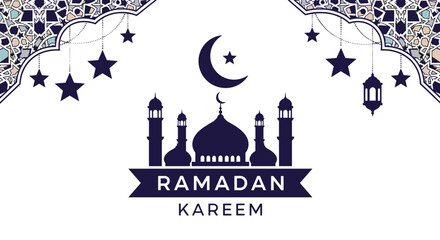 Elegant Ramadan Kareem greeting card featuring a mosque silhouette, crescent moon, stars, and lanterns, framed by a decorative mosaic pattern.