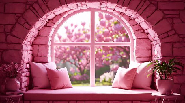 Cozy Pink Window Seat Beneath an Arching Garden View with Soft Cushions