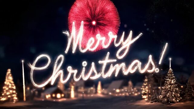 Glowing Merry Christmas script illuminated by fireworks over a charming snowy village at night perfect for holiday season greetings