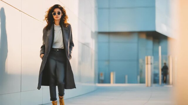 Confident female model in fashionable outerwear strolls through a sleek cityscape, embodying modern street style. Urban background and sunlight highlight her chic, trendy look