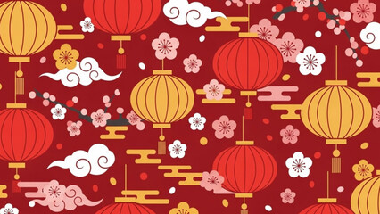 Vibrant chinese new year background with red and gold lanterns, cherry blossoms, and clouds on deep red backdrop for festive celebrations and cultural traditions