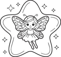 Obraz premium Cute little fairy with wings in star outline for coloring book for kids