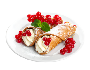 Cannoli Italian dessert with red currant berries isolated on transparent png