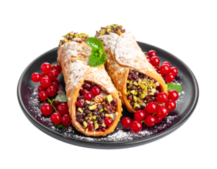 Cannoli Italian dessert with red currant berries isolated on transparent png