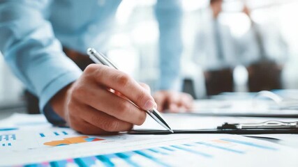 Close up of a person reviewing financial data and statistics on printed charts at a corporate meeting. The scene captures teamwork, analysis, and decision making in a contemporary workspace